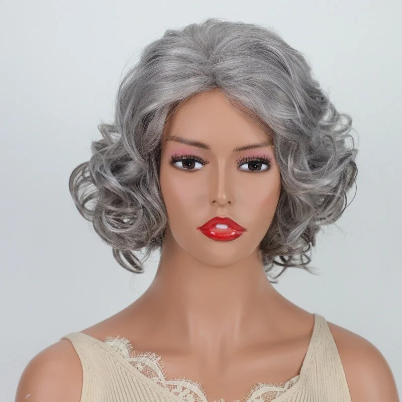 

Ladies Wig Short Wavy Women's Wig Dark Grey Curly Hair Wigs+Wig Cap