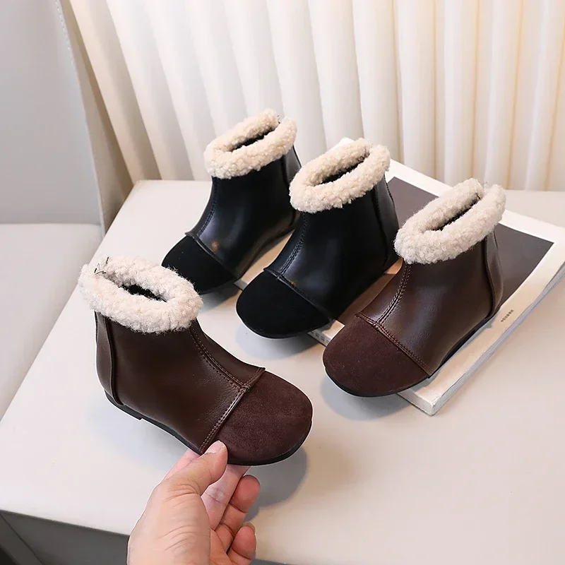 Girls Ankle Boots Fashion Versatile Kids Short Boots Pu Leather Round Toe 2024 Brand New Girls Snow Boots Warm 21-30 Non-Slip