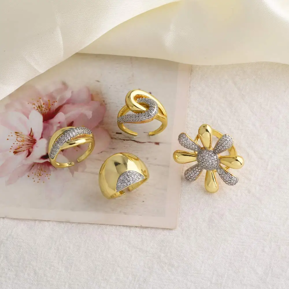 OCESRIO Fashion White Crystal Flower Statement Rings for Women Copper Gold Plated Crossover Open Ring Jewelry Girl Gift rign99
