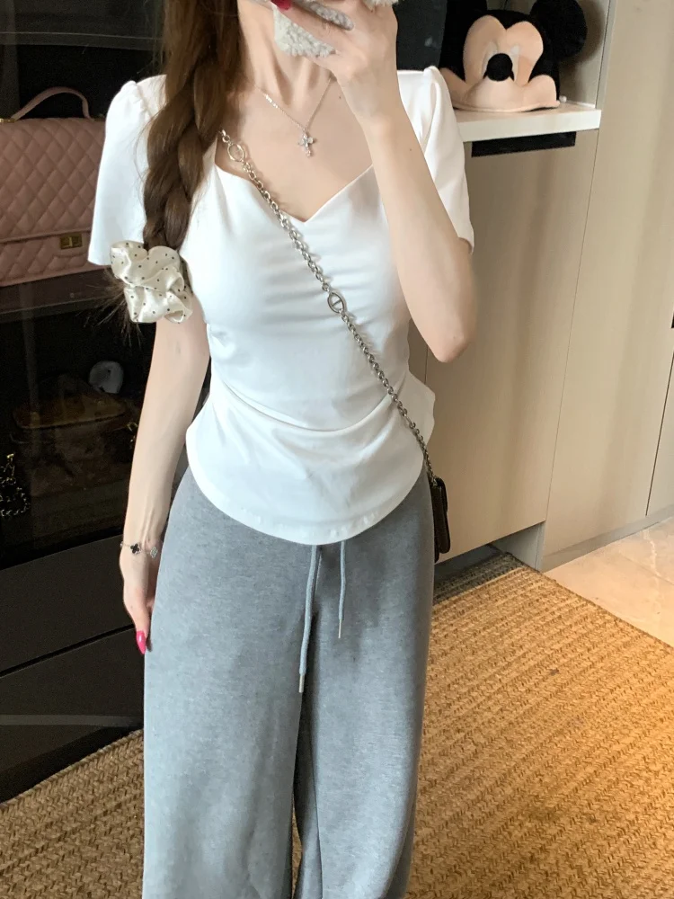 plus Size Women's Heart Collar Short Sleeve T-Shirt Slimming Bubble Sleeve Cover Belly Meat Concealing Top Korean Style Commute