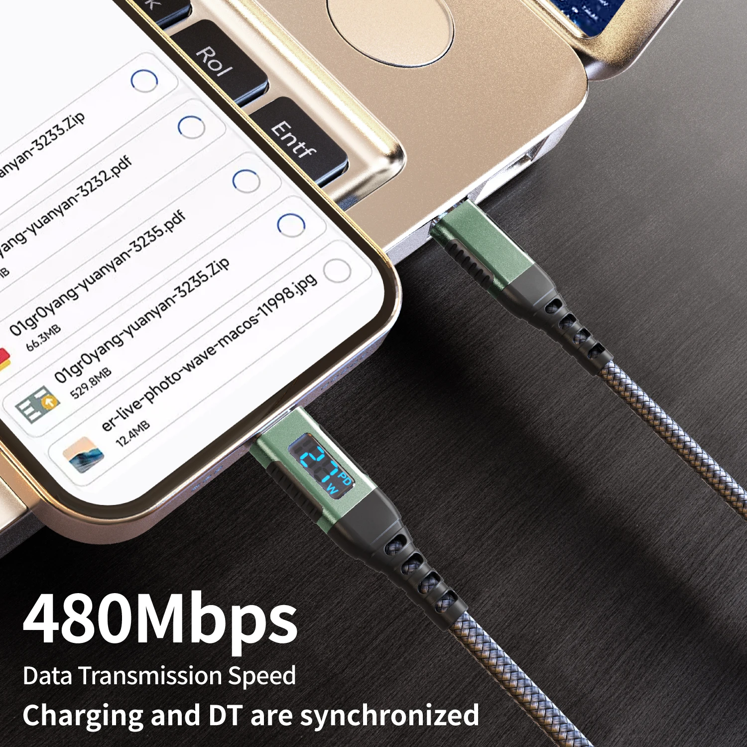 Kabel USB-C do Lightning PD 27W z szybkim ładowaniem i wyświetlaczem LED, linka do transmisji danych dla iPhone'a 14-8 z inteligentnym wyświetlaczem mocy