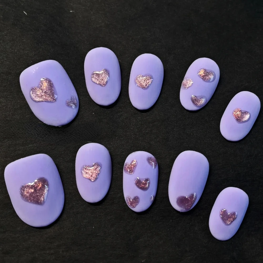 

10Pcs Handmade Manicure Short Oval Fake Nails Cute Love 3D Limited Nails Press On Nails Design with Adhesive Nail File Set