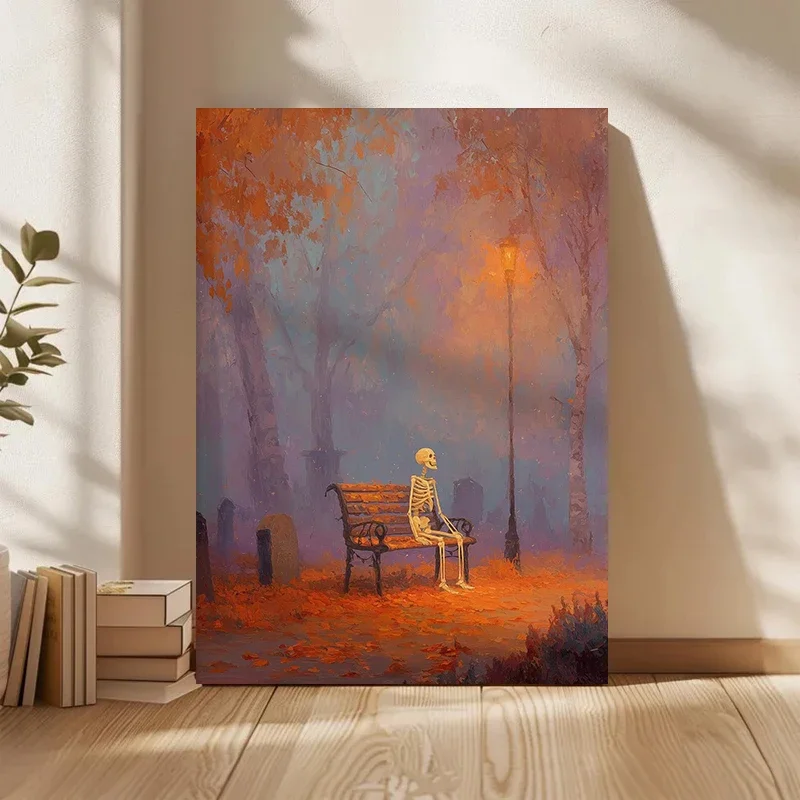 Multiple sizes 1pc frameless Canvas Painting,Skeleton Sitting on Park Bench Halloween Spooky Autumn Poster and Prints Canvas Pai