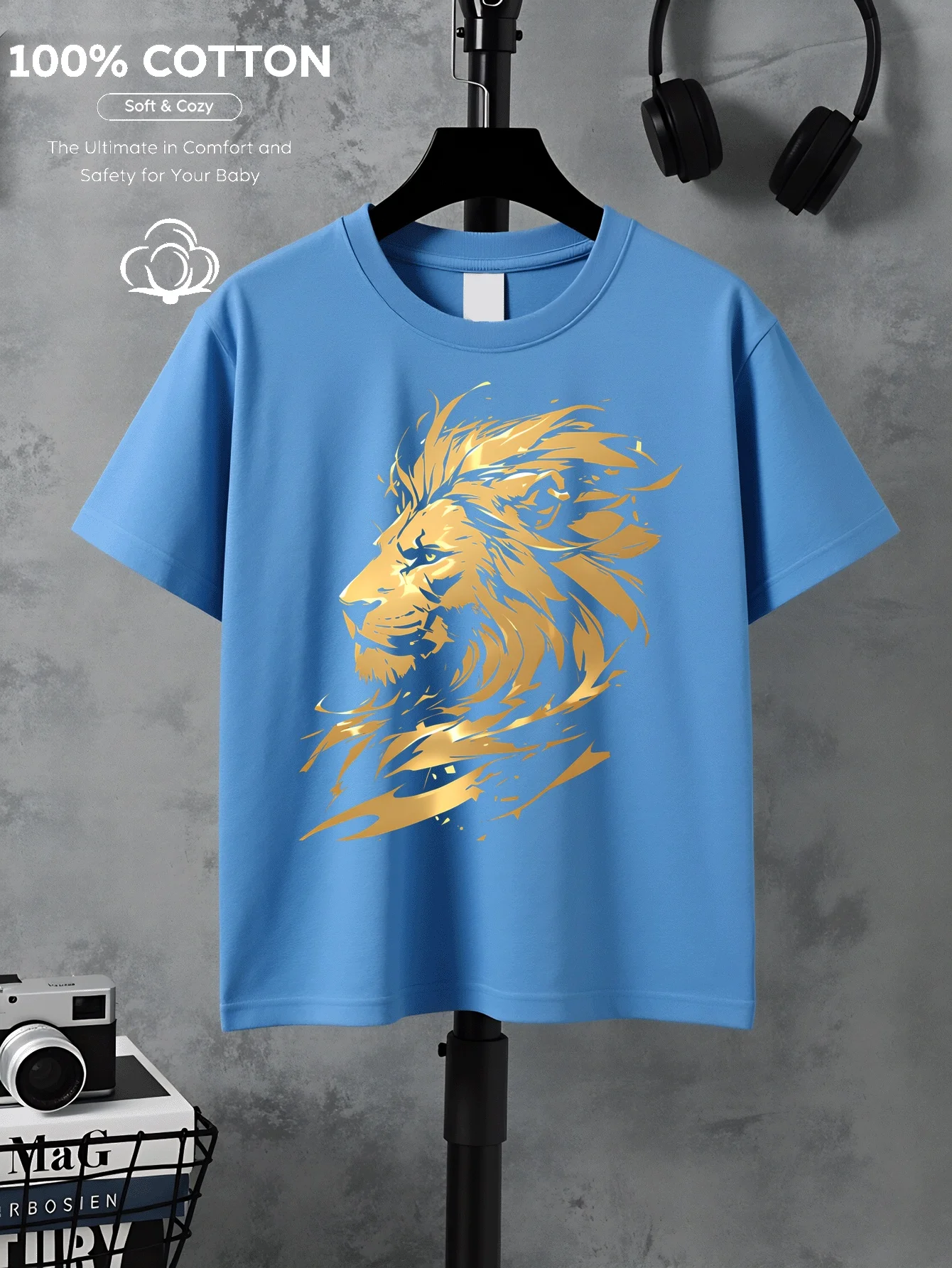 Golden Lion Pattern with Flowing Mane Children's Tshirt Machine Washable Soft Top Comfortable and Breathable Parent-child Outfit