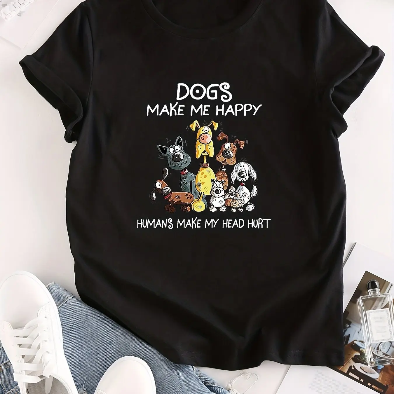 Cartoon Dogs make me happy Print Crew Neck T-shirt Casual Short Sleeve Fashion Summer T-Shirts Tops  Kawaii Y2K Clothing