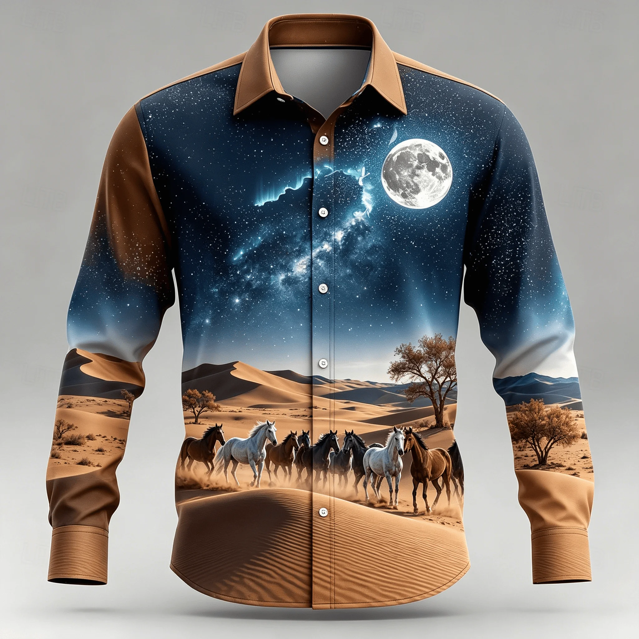

Men's Scenic Western Button Up Shirt, Desert Night Sky with Wild Horses Print, Nature Landscape Long Sleeve Top