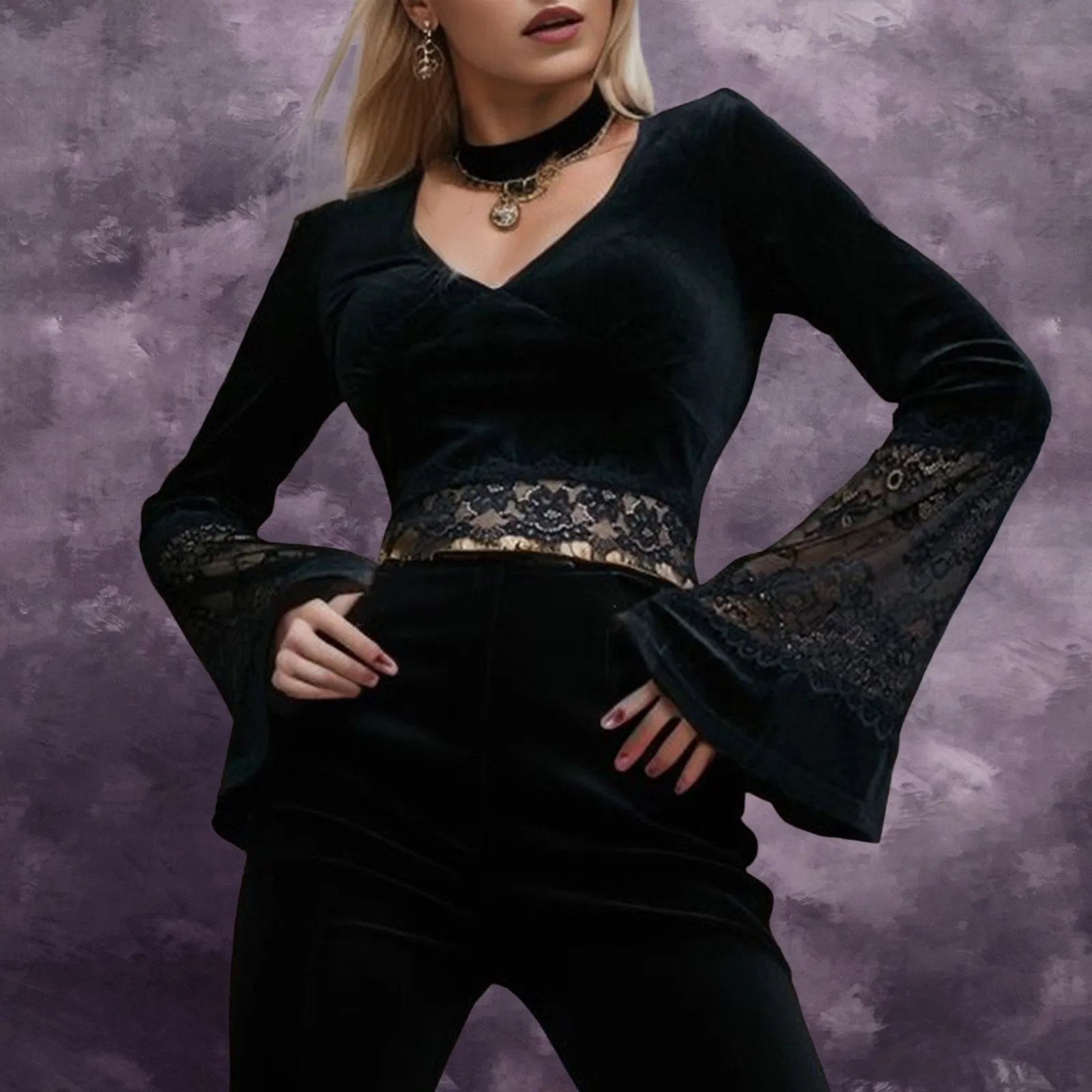 Women Goth Mesh Flared Long Sleeve Lace Crop Tops Black Velvet V-Neck Cropped T-shirts Vintage Slim Tops Tees Streetwear