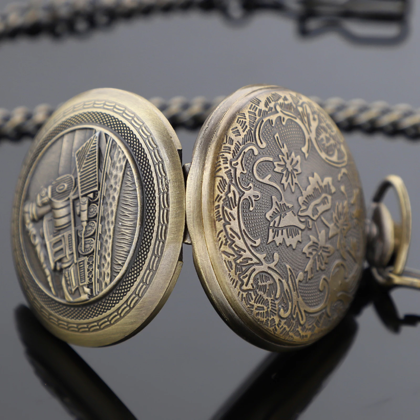 العتيقة Steampunk قطار محفورة كوارتز ساعة الجيب نصف هنتر فوب سلسلة الساعات الذكور أفضل قلادة هدية