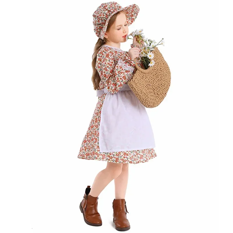 3 pçs/set floral colonial fazenda aldeia menina cosplay traje pioneiro pradaria vestido bonnet crianças meninas 4-16y adolescentes