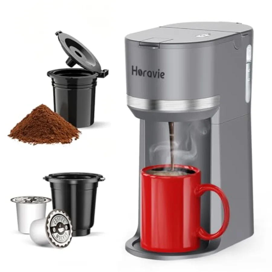 

Mini Single Serve Coffee Maker for K Cup Pods and Ground Coffee, Fast Brew One Cup Coffee Machine with Descaling Reminder and W