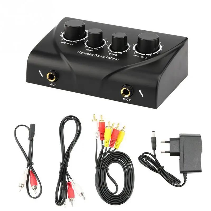 المحمولة كاريوكي الصوت الصوت ستيريو صدى خلاط المزدوج ميكروفون المدخلات كابل RCA محول الطاقة للترفيه الأسرة في الهواء الطلق ﻿