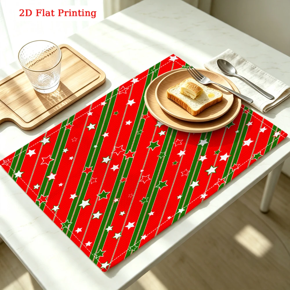 1Pc Christmas Style Placemat Red Green Stripe Star Print Table Mat For Dining Kitchen Party Decoration Use 30X40Cm Cover