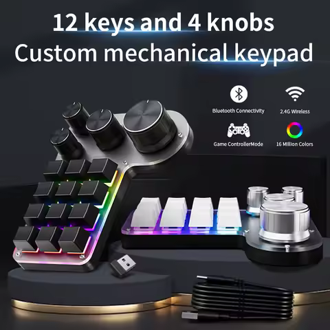 3 Modes 12 Keys Mechanical Keyboard 4 Knobs Custom Programming Macro Gaming Keyboard RGB Bluetooth 2.4G USB Wired Keypad for PS