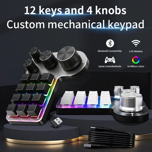 Teclado mecánico de 3 modos y 12 teclas, 4 perillas, programación personalizada, Macro teclado para juegos, RGB, Bluetooth, 2,4G, teclado con cable USB para PS