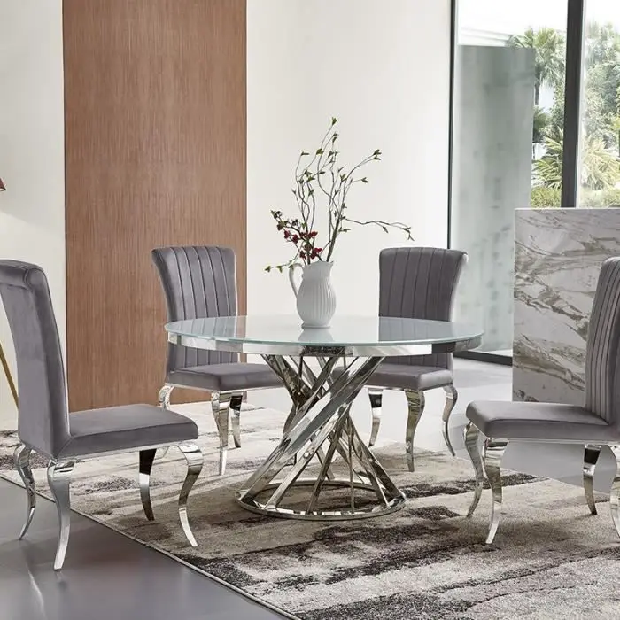 

bv-Round Tempered Glass Top Dining Table With Stainless Steel Base for 4 People Dining·