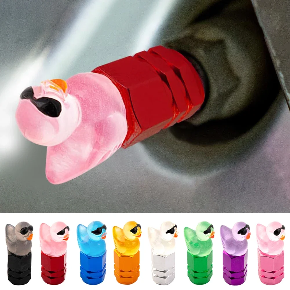 4 قطع من أغطية صمامات إطارات البط اللطيفة مع أغطية جذع الصمامات المزخرفة لعجلات النظارات الشمسية المضحكة - مجموعة من 4 قطع