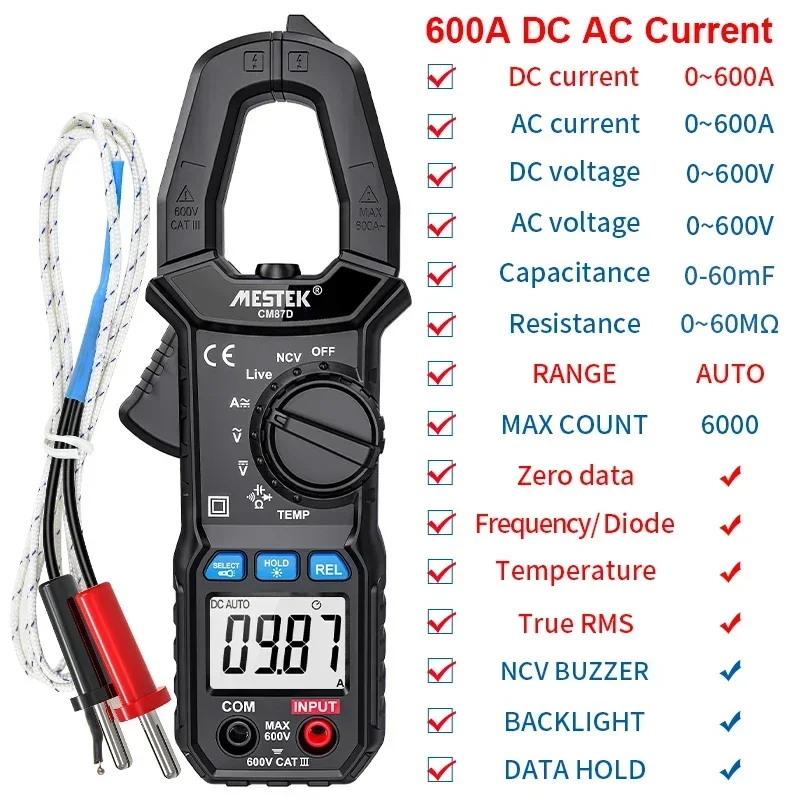 user-friendly Mestek CM87D Digital Clamp Meter: 6000A AC/DC, Backlight, NCV, Voltmeter & Ammeter with Data Zero Function
