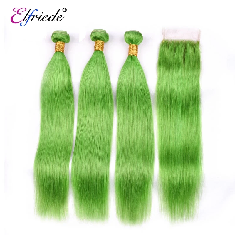 

Elfriede #Grass Green Straight Hair Bundles with Closure 100% Remy Human Hair Wefts 3 Bundles with 4X4 Transparent Lace Closure