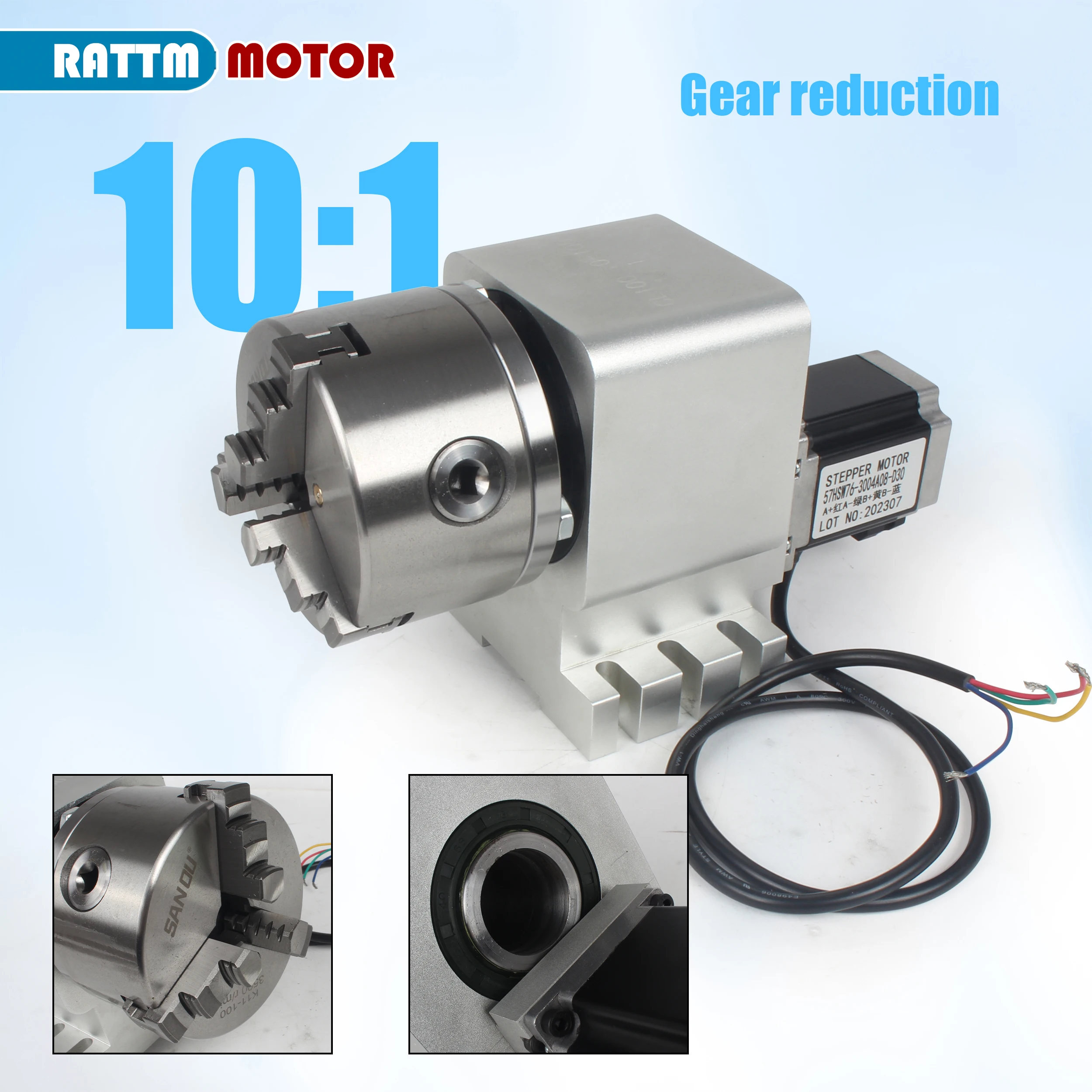 Dividing Head Gearbox Gear Reduction 10:1 CNC Rotary 4th Fourth Axis Kit With 3 4 Jaws 100mm / 130mm Chuck