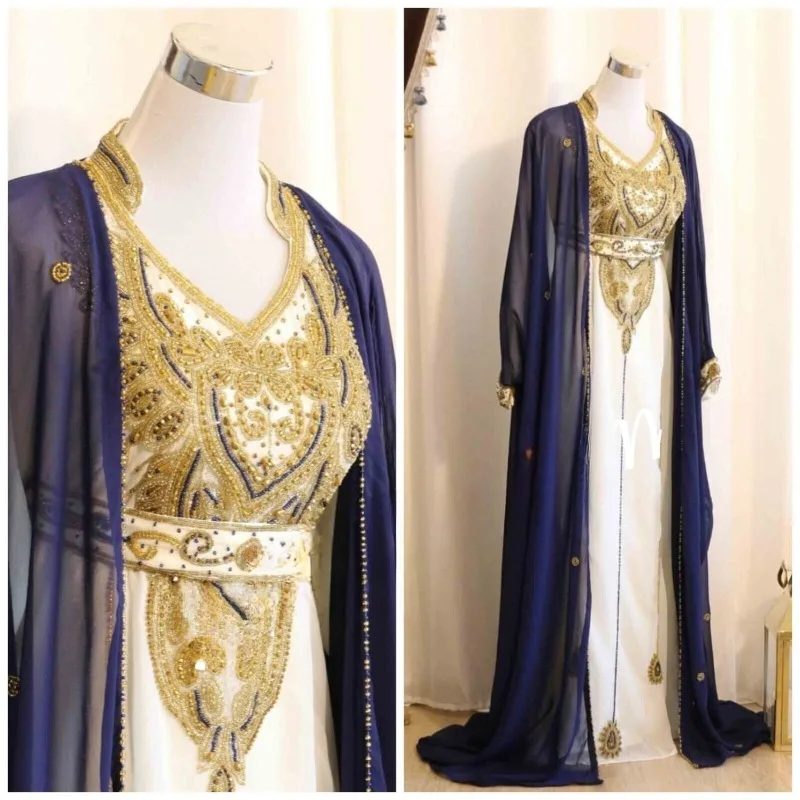 Navy Blue & White Moroccan Dubai Elegant Embroidered Caftans Perfect for Any Occasion BY