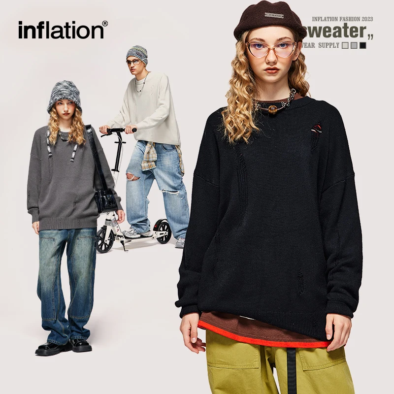 INFALTION Streetwear Ripped Hip Hop Sweaters Men 2023 Autumn New Trendy Oversized Knit Pullovers Unisex