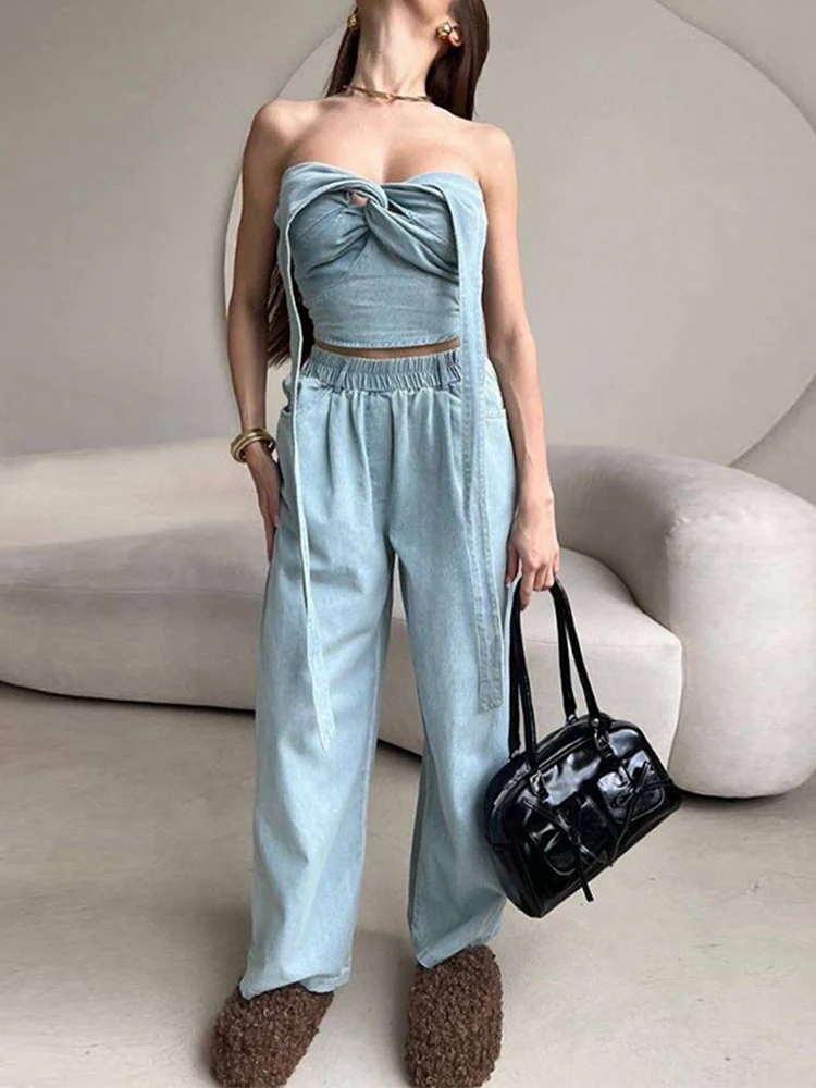 

Summer New Women's Denim Two Piece Pants Set Chic Halter Crop Top Matching High Waist Wide Leg Baggy Jeans Casual Daily Outfits