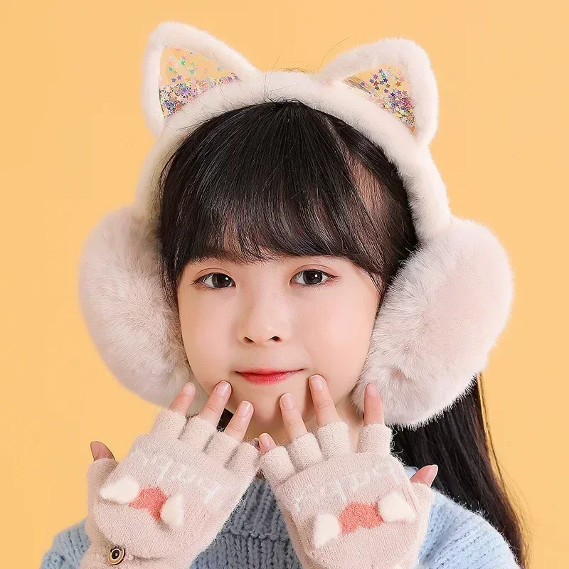 Girl Winter Cat Ear Earmuffs Foldable Warm  Protect Cute Faux Fur Soft Fluffy Earcap Korean Style Children Ear Cover Ear Muff