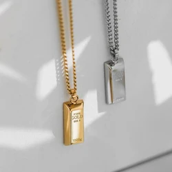 Stainless Steel Golden Cube Brick Pendant Necklaces For Women Men Geometric Punk Style Jewelry gift