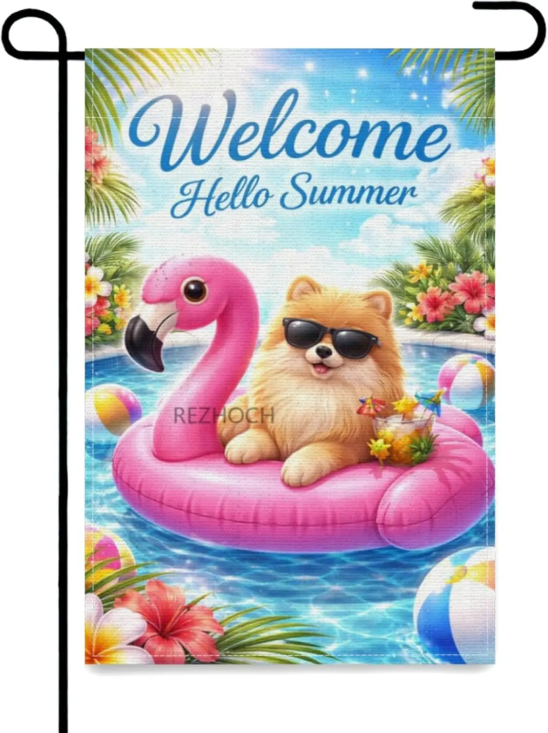 Welcome Hello Summer Funny Pomeranian Dog Garden Flag 12x18 Inch Double Sided,Cute Animal Pool Party Flamingo Float Outdoor  yyi