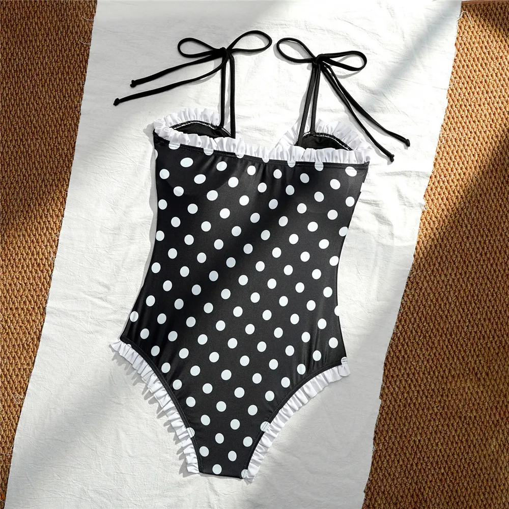 Ruffled Edge Black Dot Print Swimwear Woman One Piece Sexy Swimsuit 2026 Hollow Out Monokini Cute Bow Bathing Swimming Suit Wear