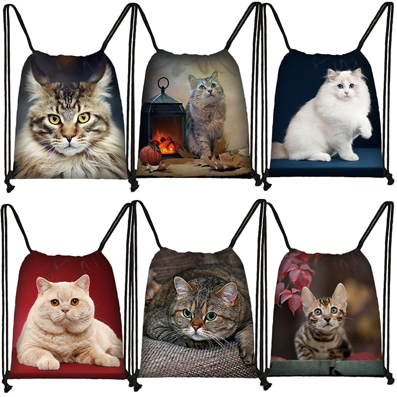 Maine / Ragdoll Cat Backpack Women Canvas Storage Bags Large Capacity Travel Drawstring Bags Teenager Bookbag Shoes Holder Gift