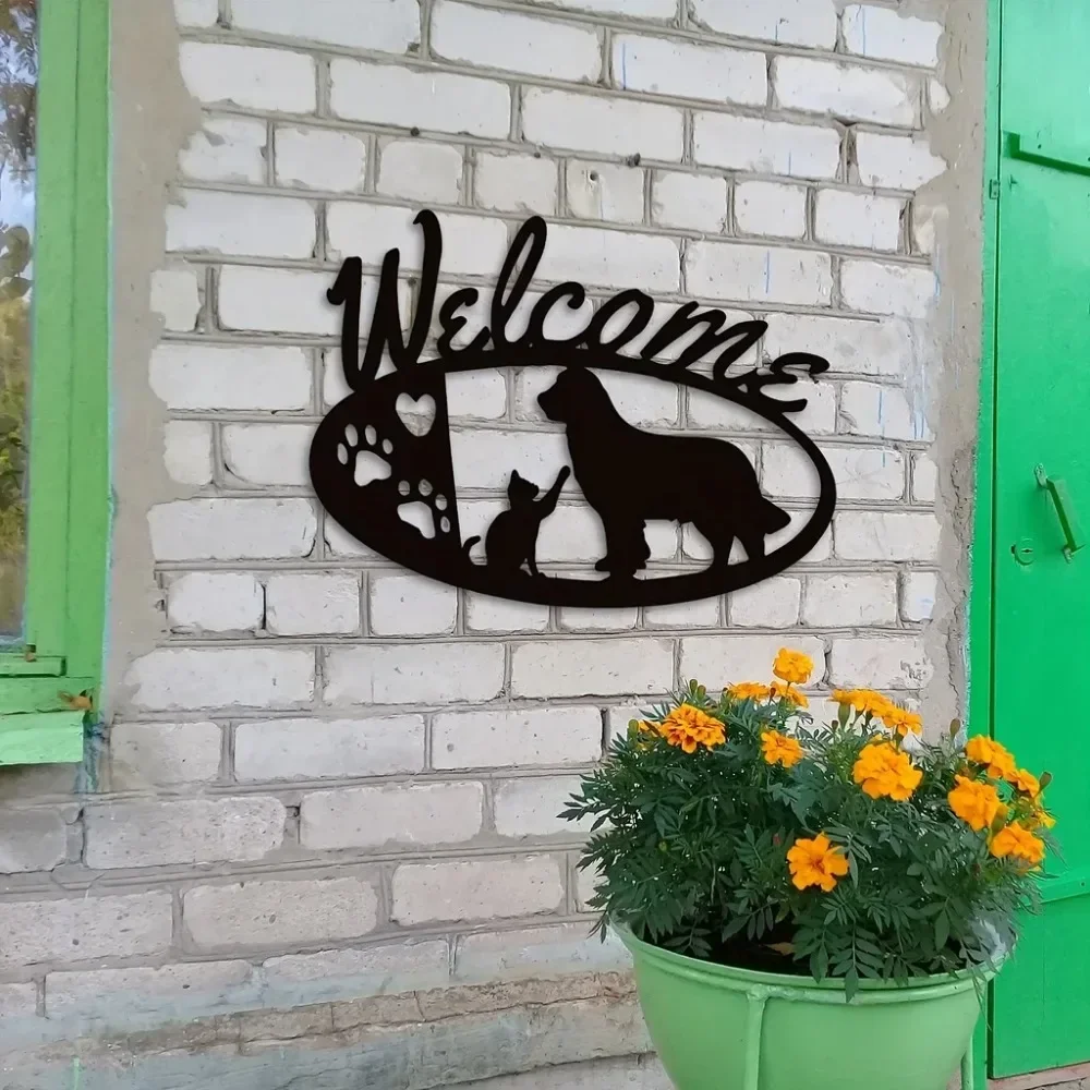 CIFBUY Golden Retriever And Cat Metal Wall Art Christmas Holiday Silhouette Decoration For Front Porch Living Room Home Decor