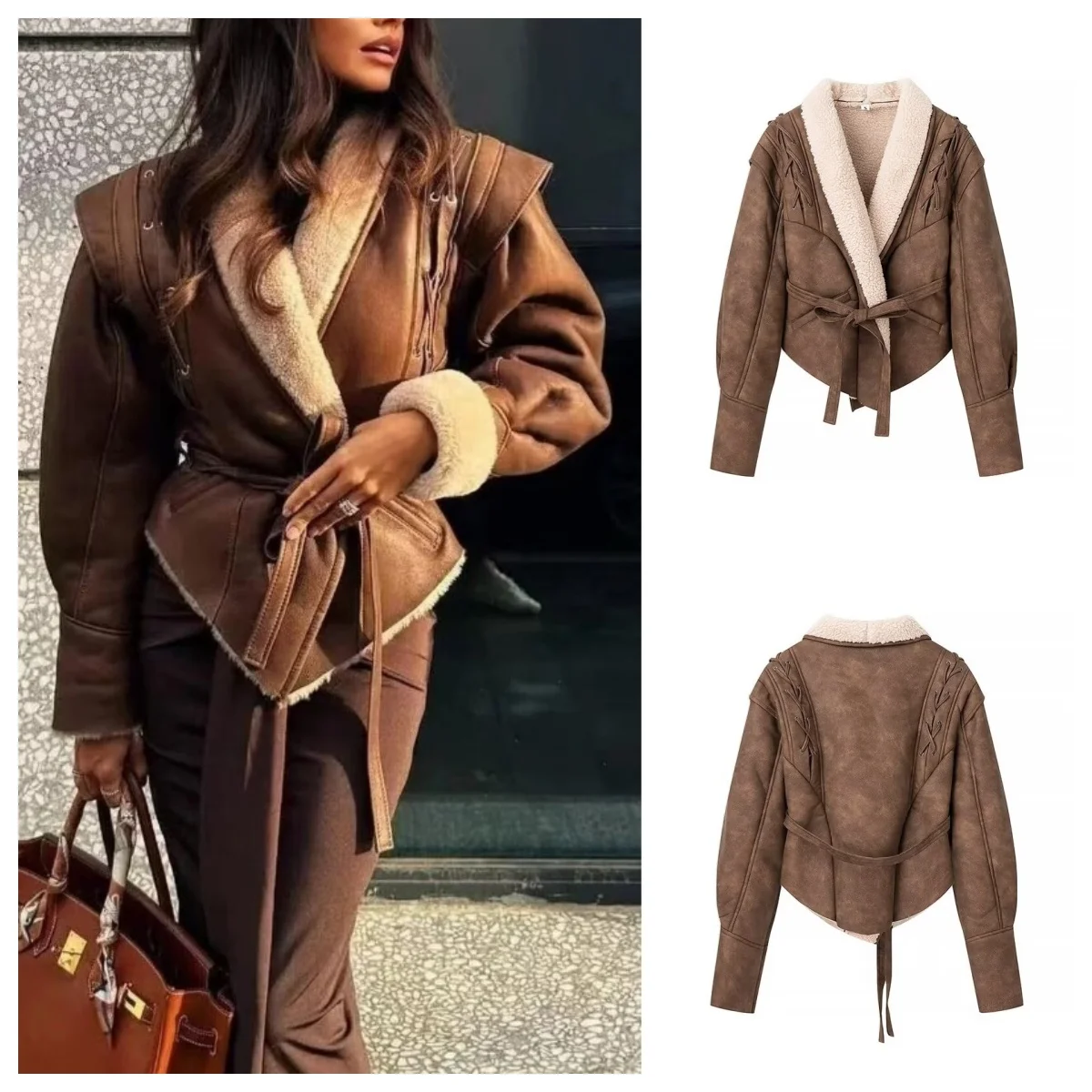 

European and American style new style lapel lace-up fur jacket for women fashionable and versatile slim fit tops