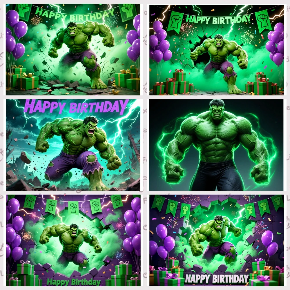 

Children Adult Marvel Hulk Themed Birthday Party Banner Photography Background Green Light Lightning Wall Decoration Background