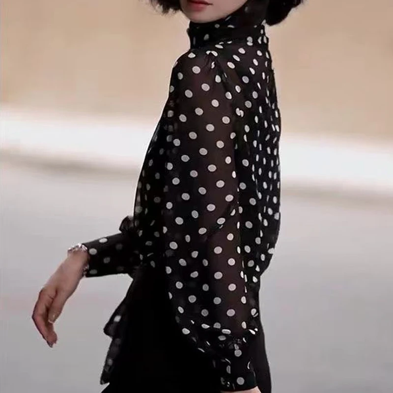 Women Fashion Polka Dot Printed Ruffled Blouses Office Lady Sexy Sheer Elegant Commute Shirts Half High Collar Long Sleeve Tops