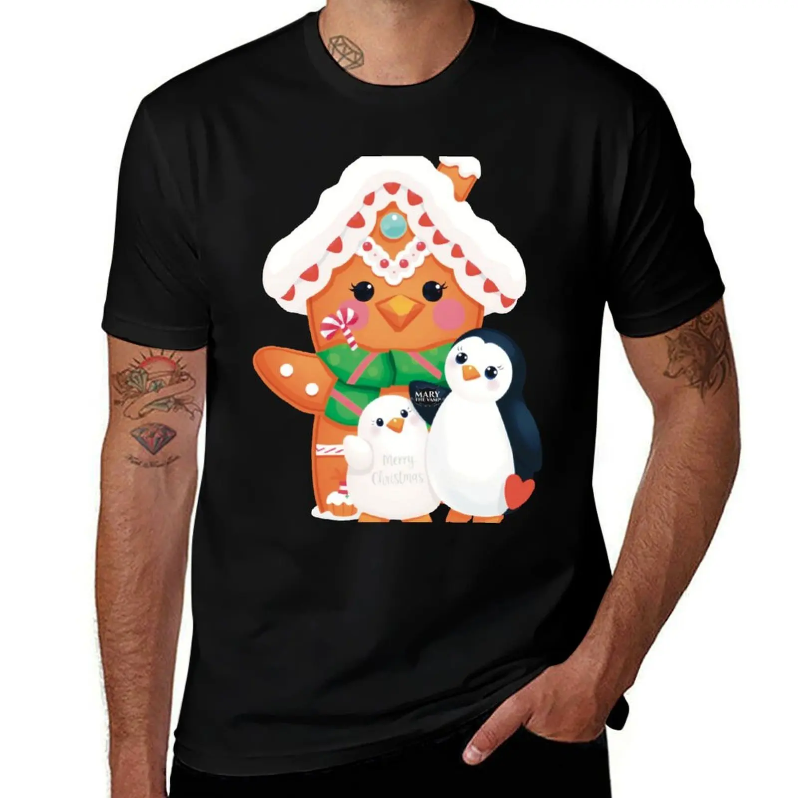 Winter Wonderland - Cute Gingerbread House & Penguins T-Shirt Trendy Casual Short Sleeve Shirt T-Shirt