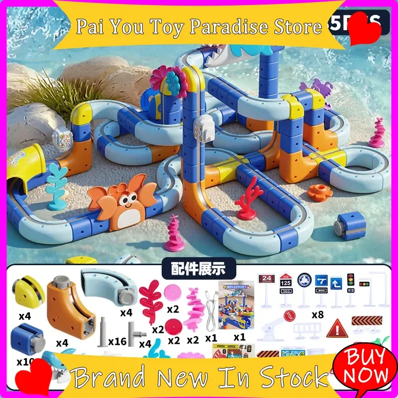 Hot Magnetic Race Car Track Ocean Series Interlocking Building Assembly Toy Set With Shark Road Signs Accessories In Stock