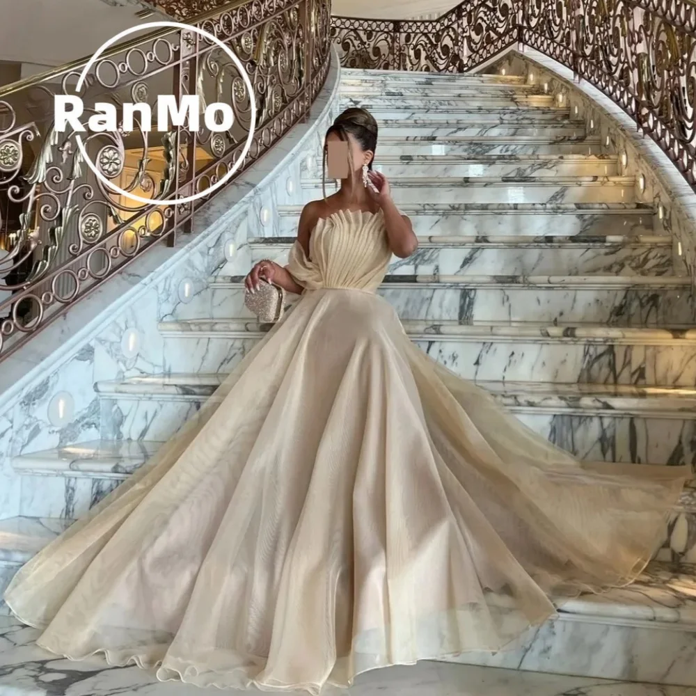 

Ranmo Customized Beige Organza Scalloped A-line Formal Evening Dress 2026 Off the Shoulder Draped Party Floor Length Prom Gown
