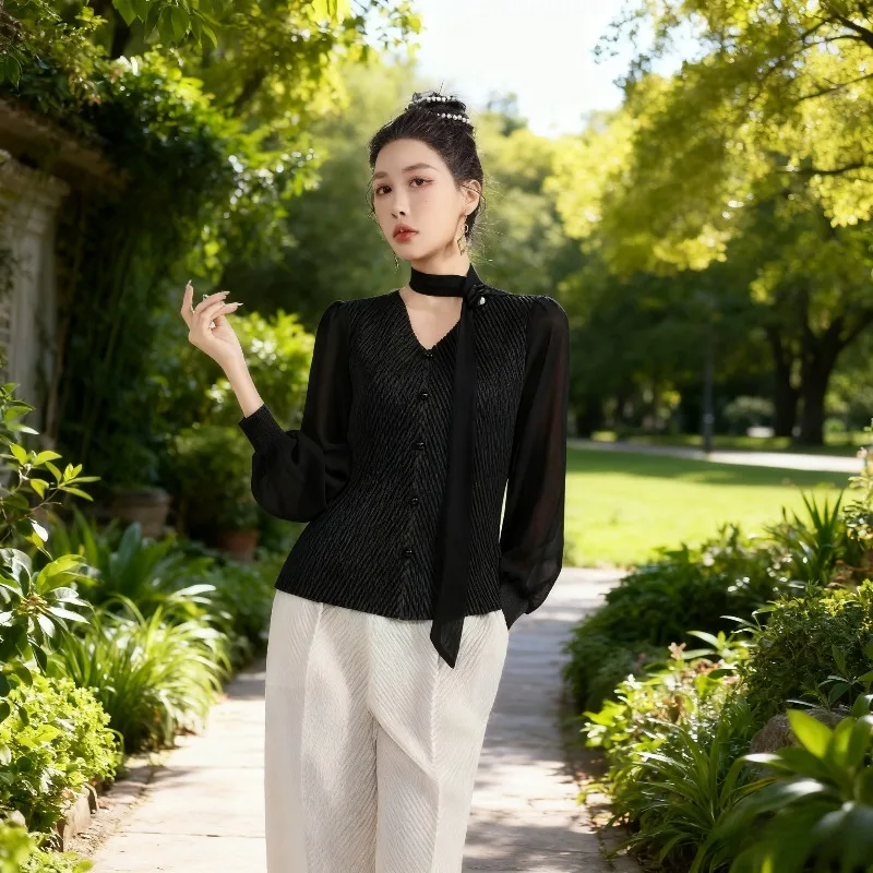 

Miyake Pleated Plisse Shirt 2026 Fall New Splicing Fashion Loose Thin Long-sleeved Pleats T-shirt Women's Fold Tops