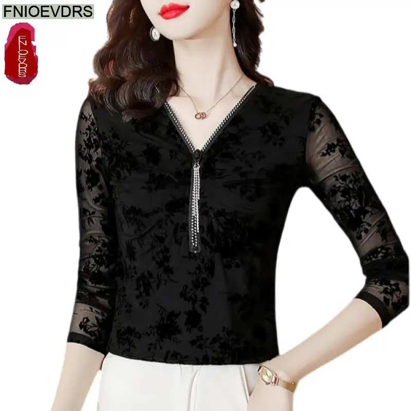 

Office Shirts Basic Wear New Design 2025 Women Long Sleeve Elegant Fashion Work Lady Black Sheer Retro Vintage Lace Blouses