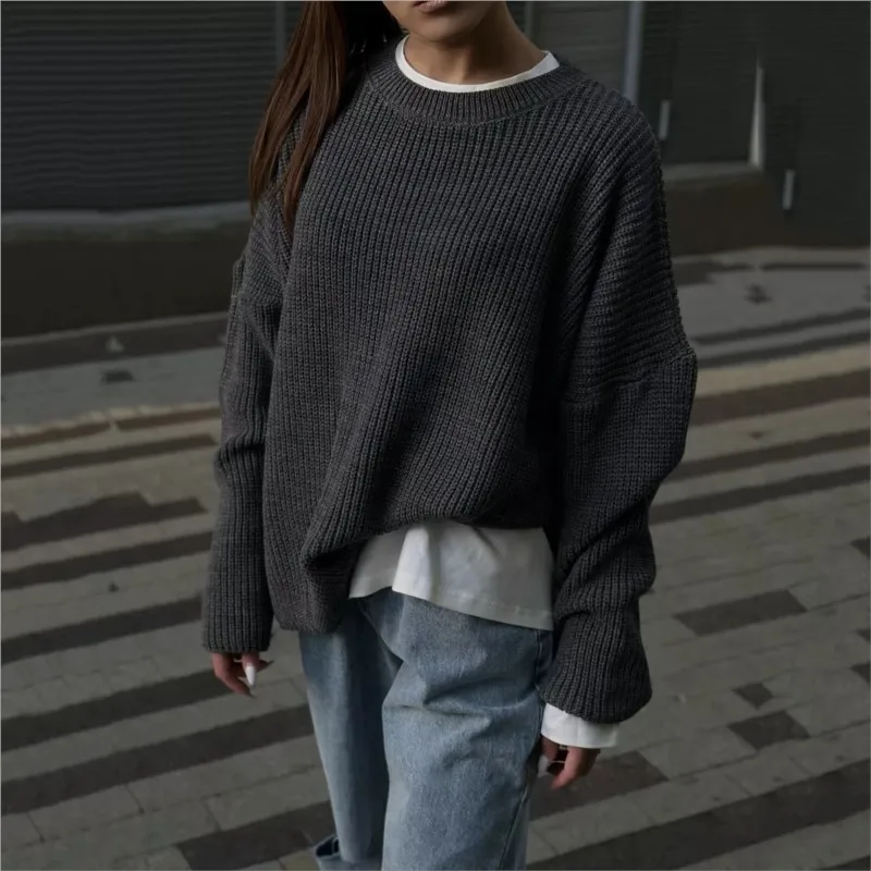 

Casual Knitted Round Neck Long Sleeve Loose Solid Color Sweater For Autumn And Winter Women's Fashion And Versatile Pullover