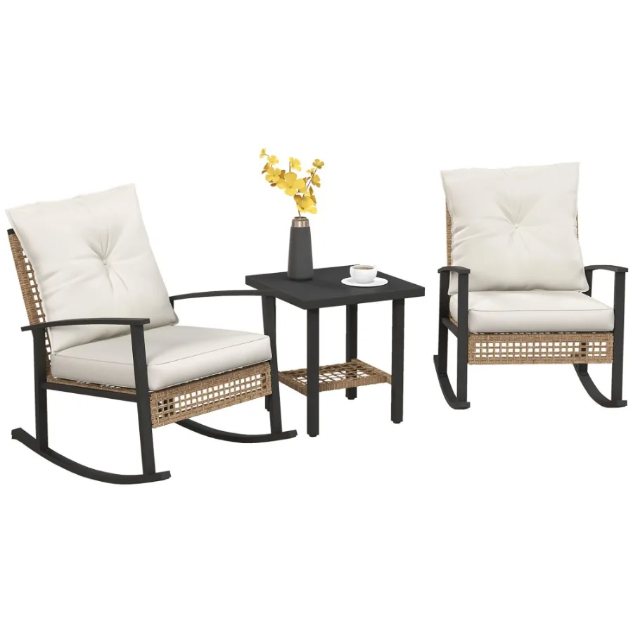 

3 Pieces Bistro Set Patio Wicker Furniture Set with Button Tufted Cushions Rattan Rocking Chairs Coffee Table White