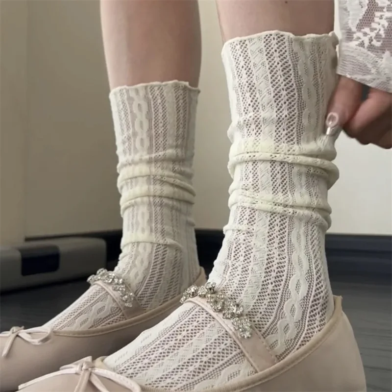 1Pairs Kawaii Girls Cute Socks Spring Summer Mesh Hollow Out Women Socks Solid Color Female Harajuku Retro Vintage Long Socks