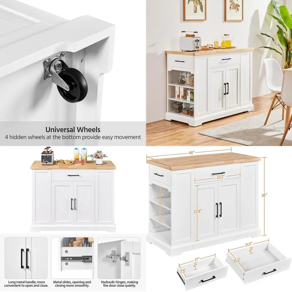 عربة مطبخ دوارة بثلاثة أدراج مع أرفف قابلة للتعديل، وخزانة تخزين متنقلة على عجلات، وسطح سميك من الخشب المطاطي، باللون الأبيض