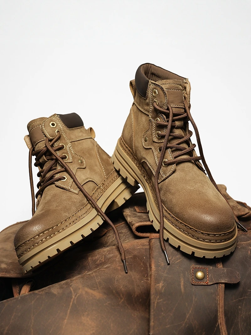 Men's  Boots Winter Casual Retro Thick Bottomed Fleece Lined Anti-slip Sports Leather Boots British Style round Toe