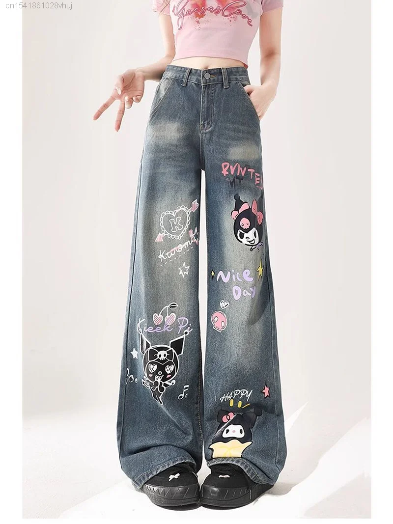 Sanrio Kuromi New Graffiti Jeans For Women High Waisted Wide Leg Demin Pants Y2k Girls Hip Hop Gothic Emo Jeans Korean Style Yk2