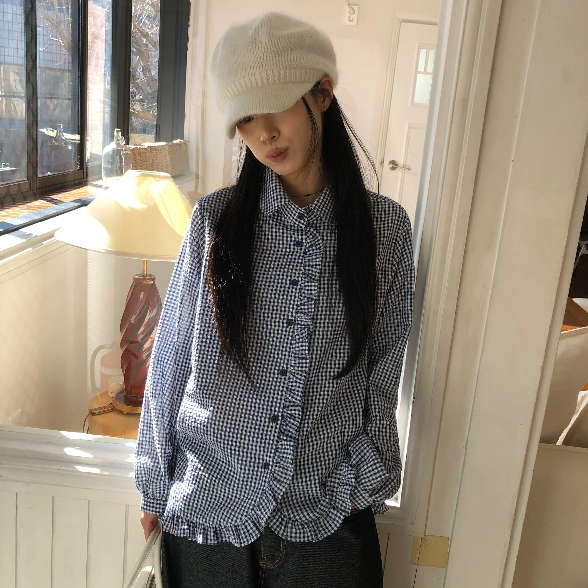 Sweet Japanese Style Plaid Long Sleeve Shirt with Ruffle Collar And Mushroom Pattern Casual Loose Fit Women's Autumn Shirt