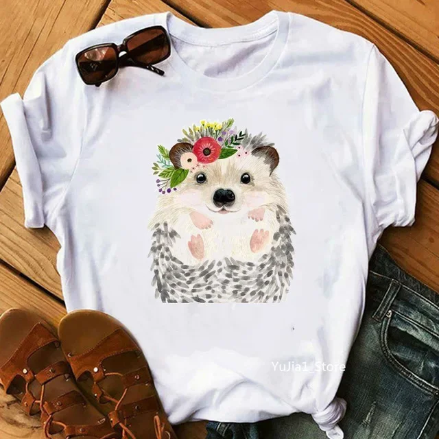 

Women Clothes 2024 Harajuku Kawaii Mushroom Hedgehog Animal Printed Tshirt Femme Cute Summer Top Female White T-Shirt Lovely Tee