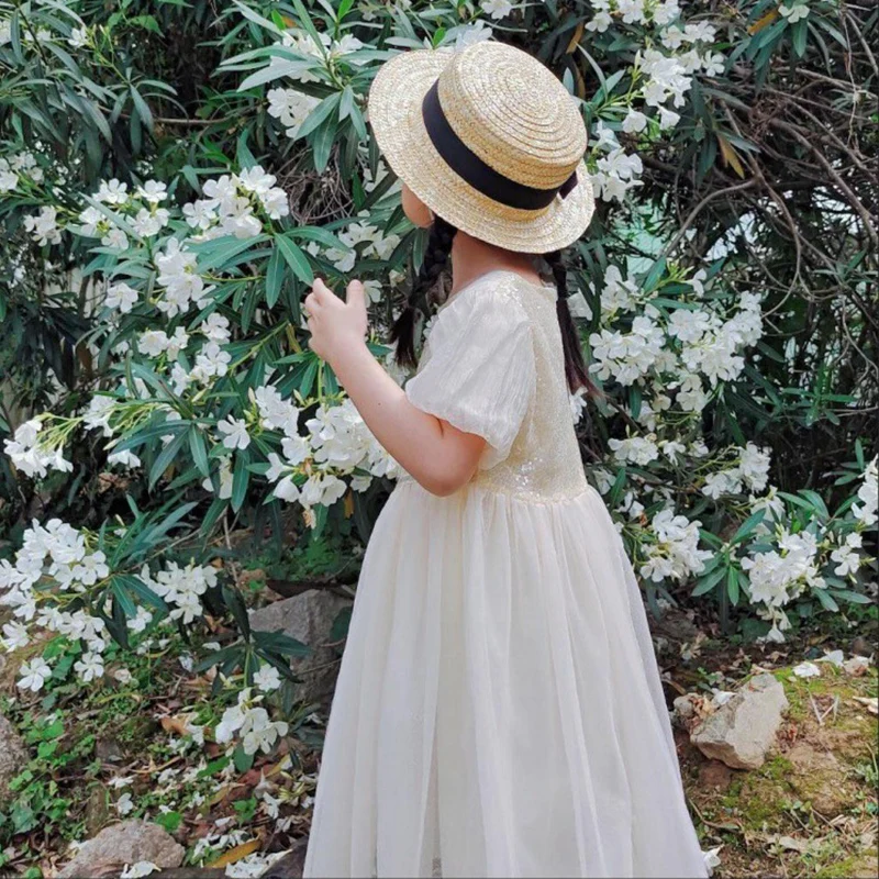 Vestito a rete tempestato di diamanti finti con paillettes alla moda per bambini vestito da festa Casual con maniche a sbuffo estivo per ragazze per