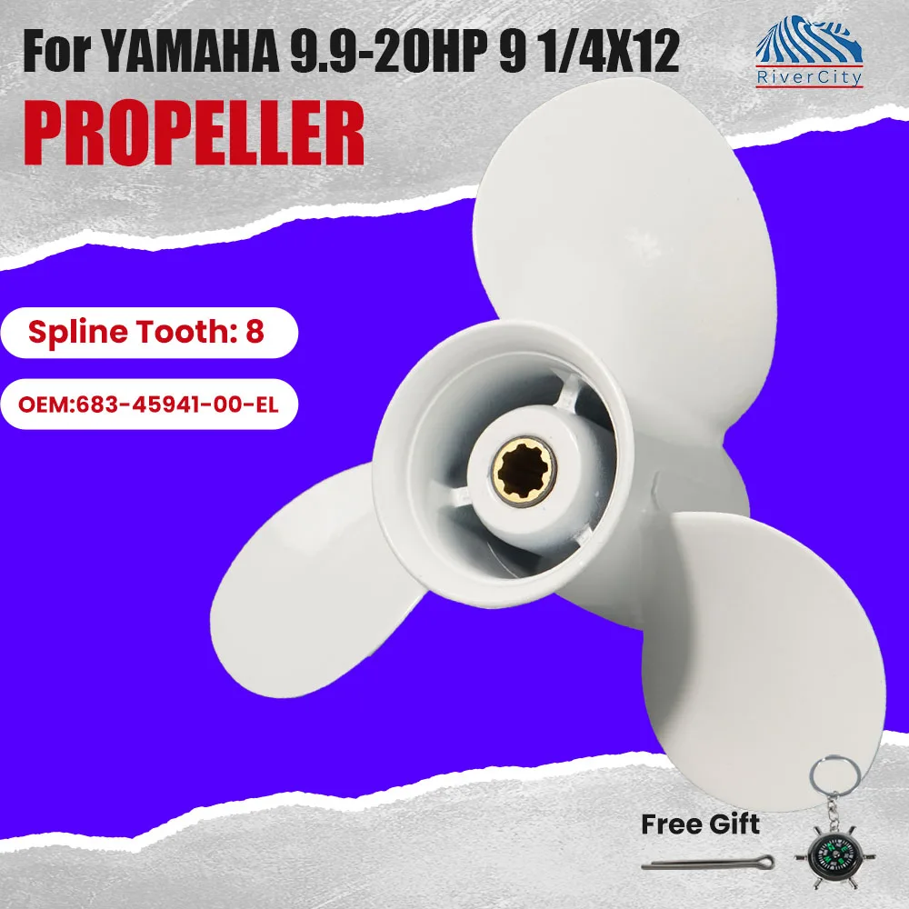RiverCity Outboard Propeller 9 1/4x12-J for Yamaha 9.9HP 15HP 20HP Engine Motor 8 Spline Aluminum Alloy Screw 683-45941-00-EL